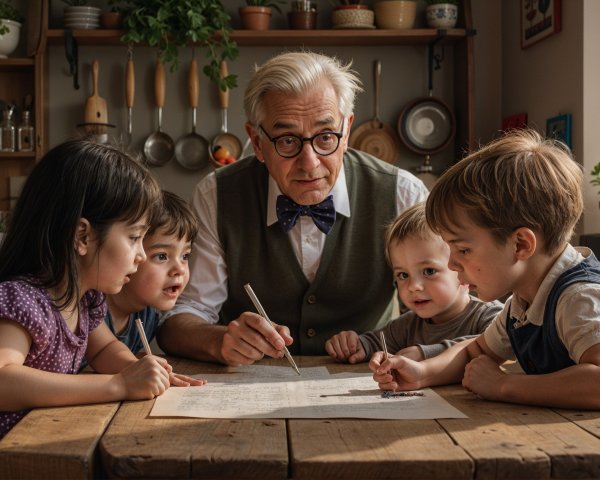 Elderly Man Teaches Drawing to Children in Cozy Kitchen