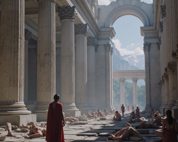 Ancient temple scene with a cloaked figure and ruins