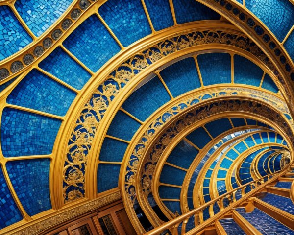Elegant Spiral Staircase in Blue and Gold Design