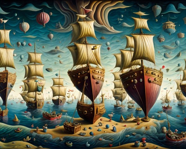 Whimsical Seascape with Ships and Hot Air Balloons