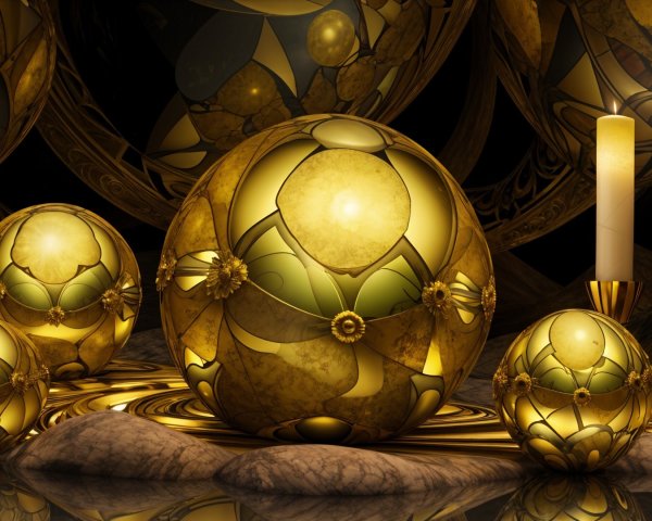 Ornate golden spheres with floral designs and candlelight