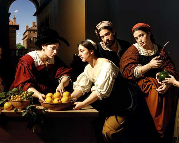 Women Arranging Fresh Fruits in Dimly Lit Room