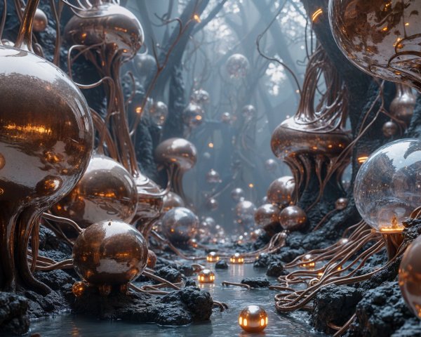 Enchanted forest with glowing orbs and misty ambiance
