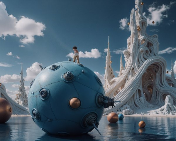 Surreal Landscape with Boy on Blue Sphere and Structures