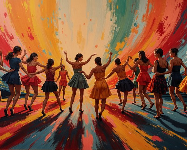 Joyful women dancing in colorful dresses with vibrant backdrop