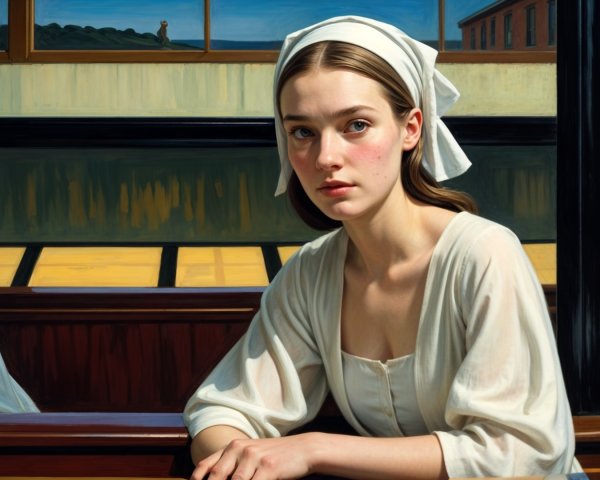 Young Woman in White Dress at Wooden Table with Reflections