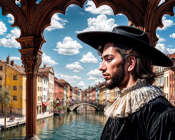 Young man in historical attire by a picturesque canal