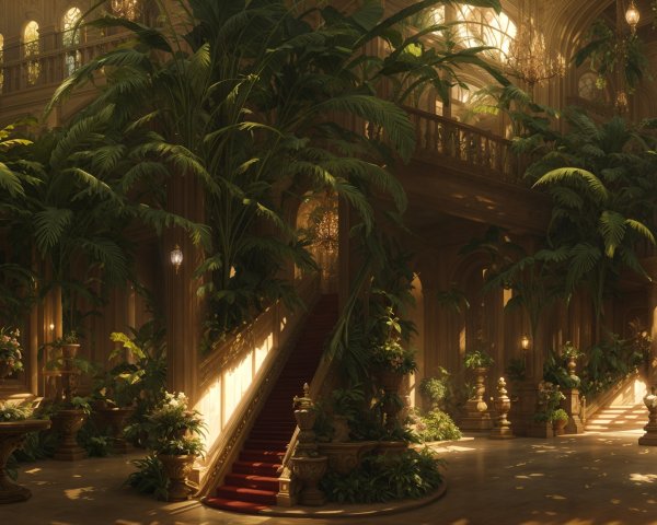 Opulent hall with greenery, chandeliers, and staircase