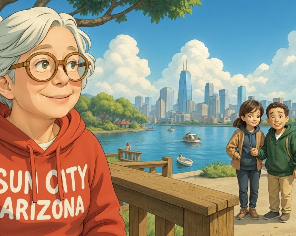 Elderly Woman on Deck with Boys by Serene Lake