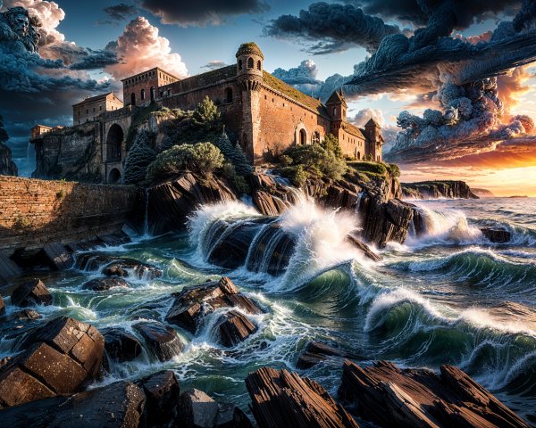 Majestic Castle on Rocky Cliffs at Sunset