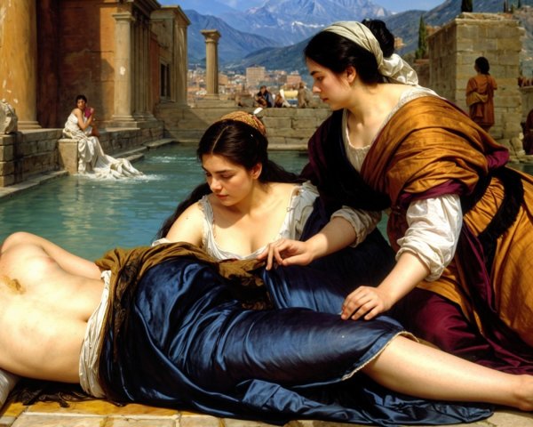 Serene scene of three women by a tranquil pool