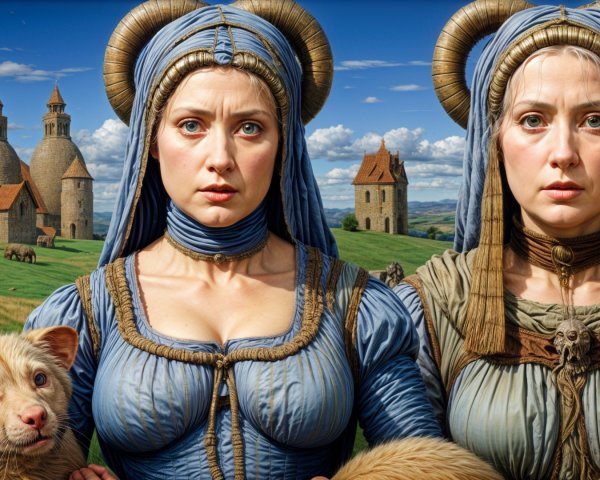 Historical Attire and Horn Hairstyles in Pastoral Setting