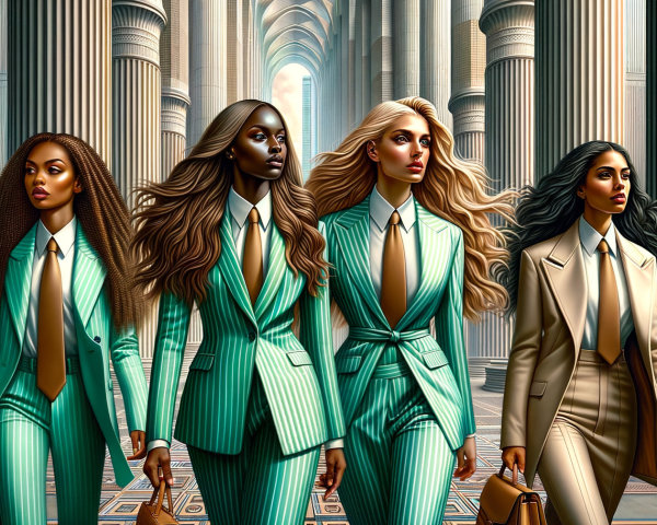 Confident Women in Stylish Suits in Elegant Colonnade