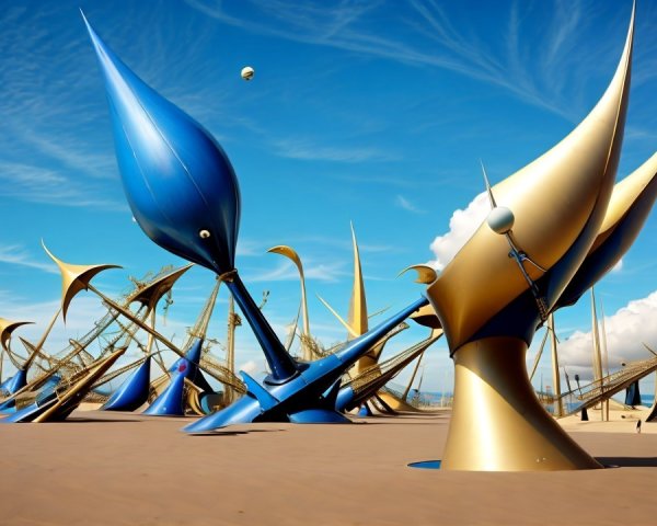 Surreal Landscape with Metallic Sculptures and Blue Sky