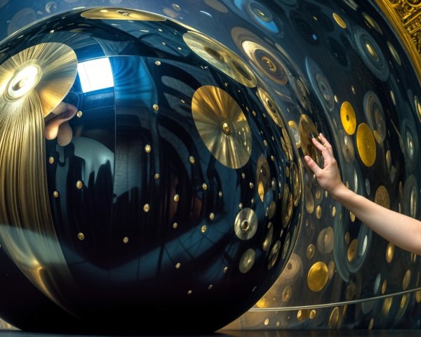 Young Woman in Vintage Dress Beside Reflective Sphere