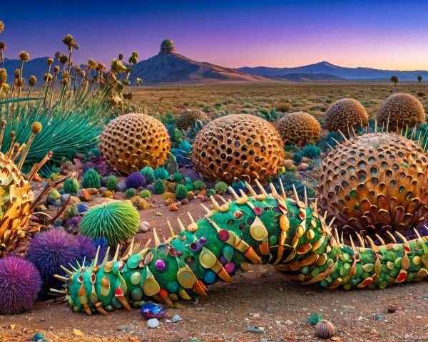 Surreal Landscape with Vibrant Orbs and Twilight Sky