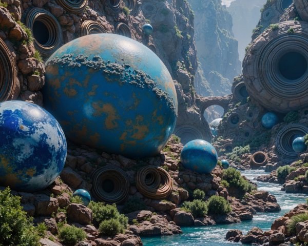 Surreal Landscape with Textured Spheres and River