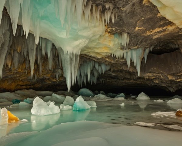 Intricate Ice Cave with Glacial Blue and White Ice