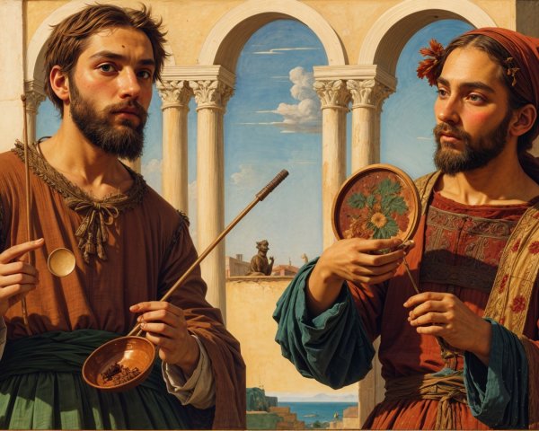 Young Men in Historical Attire Against Classical Architecture