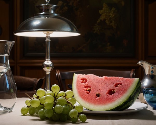 Still Life with Watermelon, Grapes, and Elegant Decor