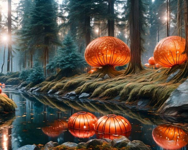 Mystical forest at dawn with glowing mushrooms and orbs
