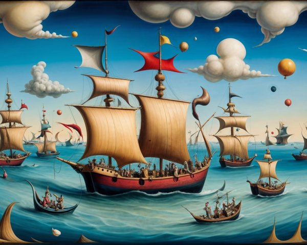 Vibrant Maritime Scene with Sailing Ships and Balloons
