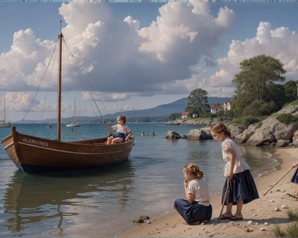 Children Playing by Water with Boat and Scenic Background