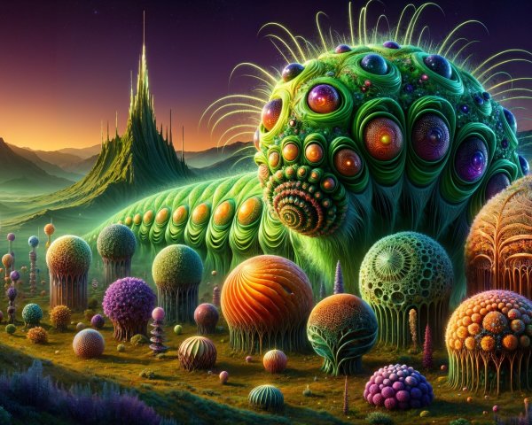 Surreal Alien Landscape with Colorful Caterpillar Creature