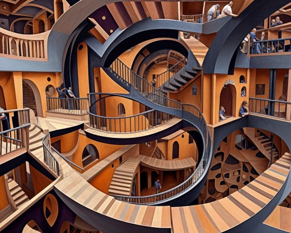 Surreal Interior with Spiraling Staircases and Rooms