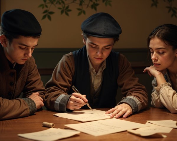 Young Individuals in Historical Attire at Wooden Table