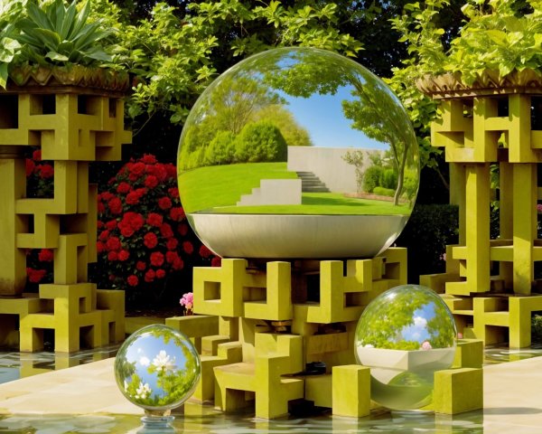 Serene Garden with Reflective Glass Orbs and Design Elements
