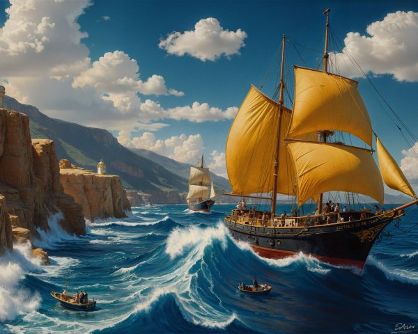 Majestic sailing ship with yellow sails in coastal scene