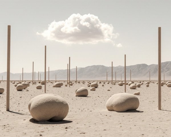Arid Landscape with Boulders and Wooden Poles