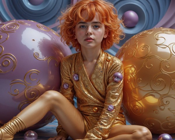 Young girl with orange hair between ornate spheres