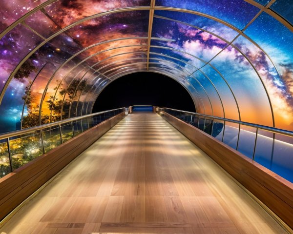 Futuristic Walkway with Cosmic Mural and Wooden Floor