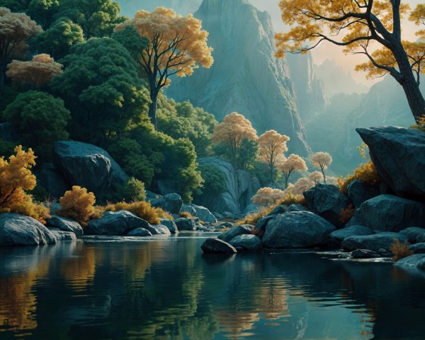 Tranquil River in Lush Valley with Autumn Foliage