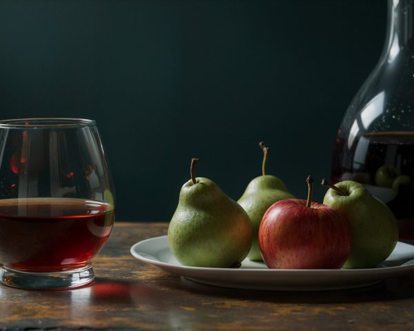 Still Life of Fruit and Dark Red Liquid on Table