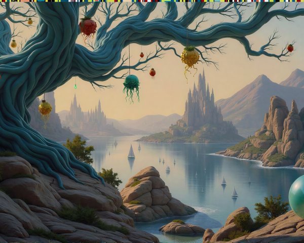 Turquoise Tree in a Fantastical Landscape Painting