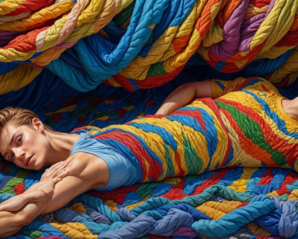 Figures Reclining on Colorful Rope Background