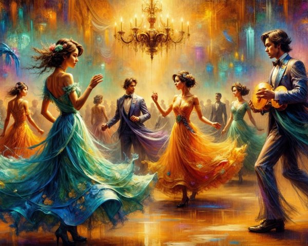 Elegant Couples Dancing in a Vibrant Ballroom Scene