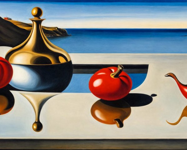 Surreal Composition of Red Spheres and Metallic Vessels