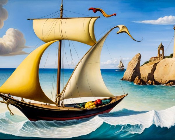 Vibrant Seascape with Sailboat and Lighthouse Background