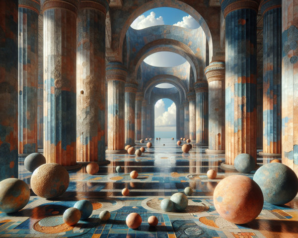 Grand hall with columns, spheres, and blue skies