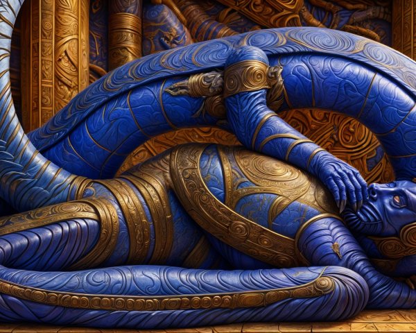 Serpentine Statue with Human Form in Blue and Gold