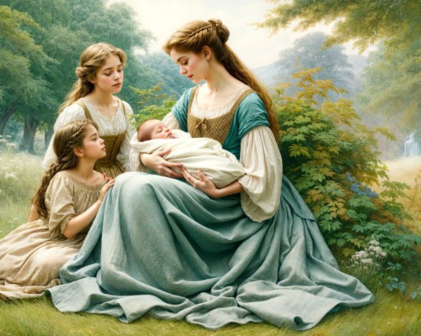 Mother and Children in a Sunlit Clearing Scene