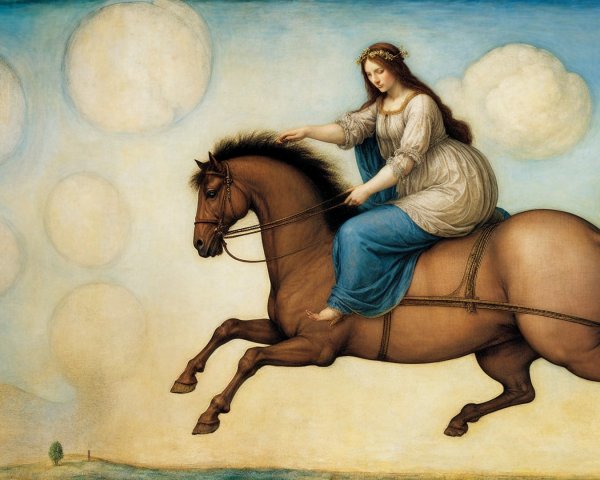 Woman on Brown Horse in Dreamy Landscape