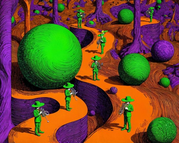 Surreal Landscape with Purple Trees and Green Spheres