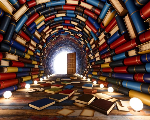 Colorful Book Tunnel with Glowing Lights and Door