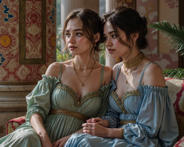 Young women in vintage gowns on an ornate sofa