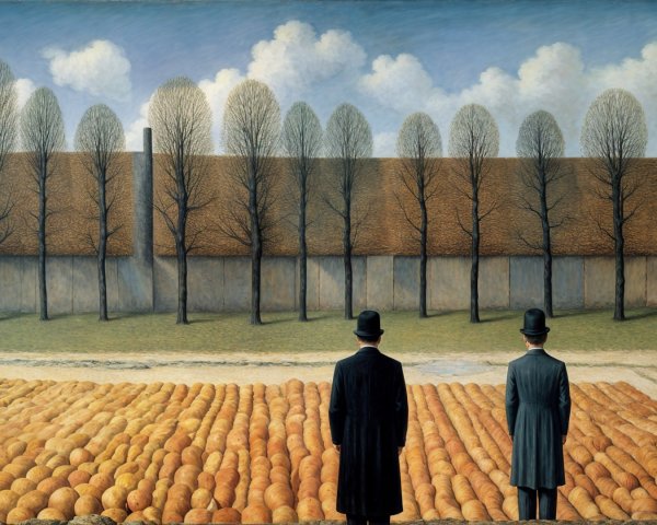 Surreal Landscape with Pumpkins and Formal Figures